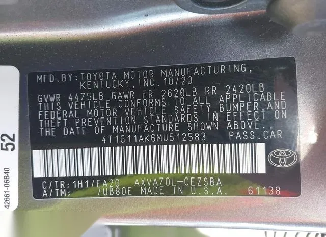 4T1G11AK6MU512583 2021 2021 Toyota Camry- SE 9