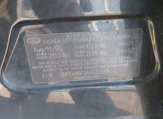 5NPEU46F26H022610 2006 2006 Hyundai Sonata- Gls V6/Lx V6 9