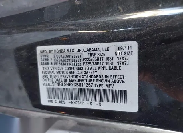 5FNRL5H62CB011267 2012 2012 Honda Odyssey- Ex-L 9