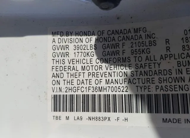 2HGFC1F36MH700522 2021 2021 Honda Civic- EX 9