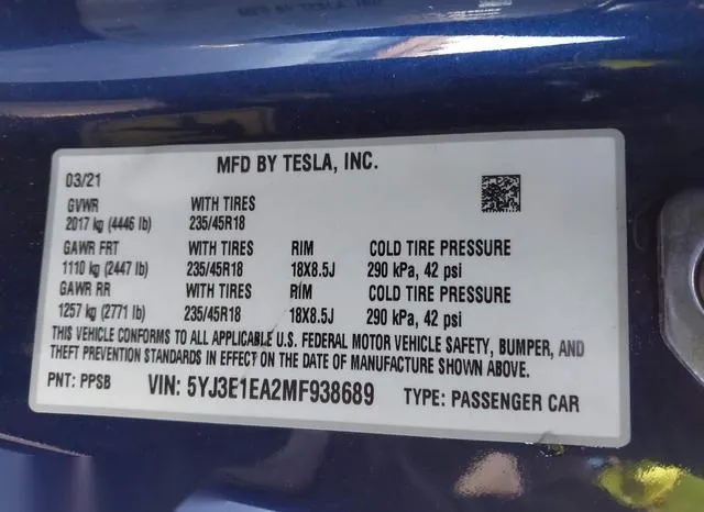 5YJ3E1EA2MF938689 2021 2021 Tesla Model 3- Standard Range P 9