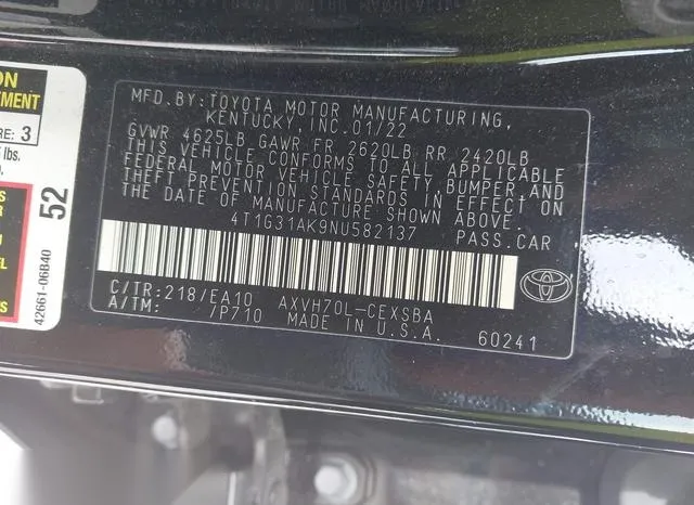 4T1G31AK9NU582137 2022 2022 Toyota Camry- Se Hybrid 9