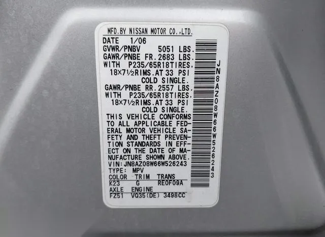 JN8AZ08W66W526243 2006 2006 Nissan Murano- S 9