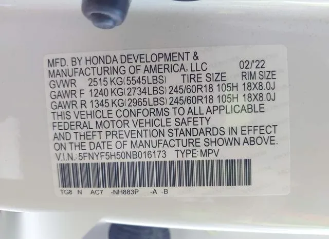 5FNYF5H50NB016173 2022 2022 Honda Pilot- 2Wd Ex-L 9