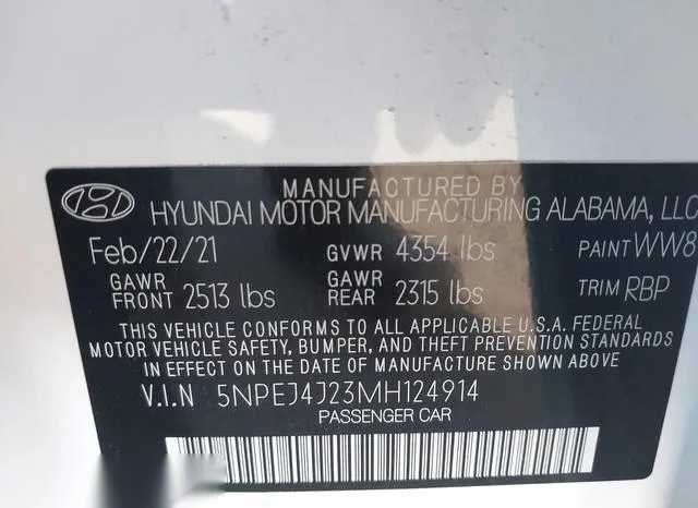 5NPEJ4J23MH124914 2021 2021 Hyundai Sonata- Sel Plus 9