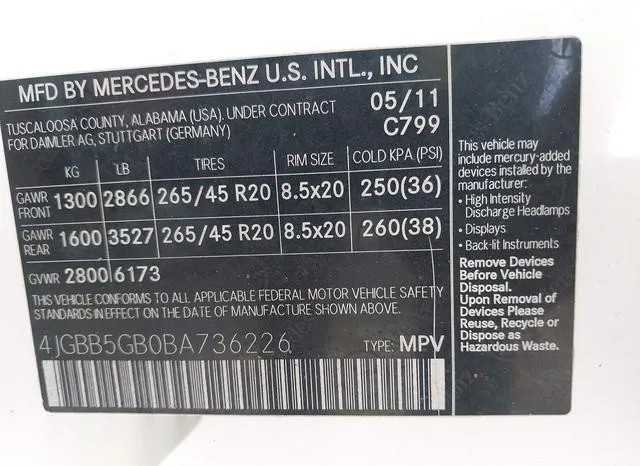 4JGBB5GB0BA736226 2011 2011 Mercedes-Benz ML 350 9