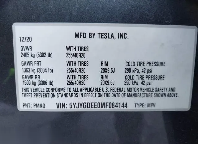 5YJYGDEE0MF084144 2021 2021 Tesla Model Y- Long Range Dual 9