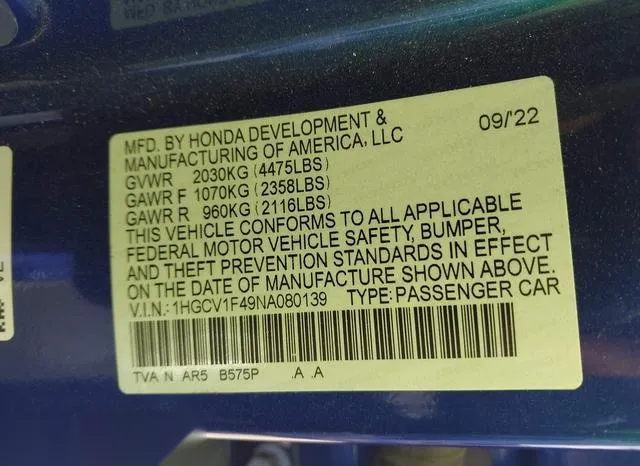 1HGCV1F49NA080139 2022 2022 Honda Accord- Sport Special Edi 9