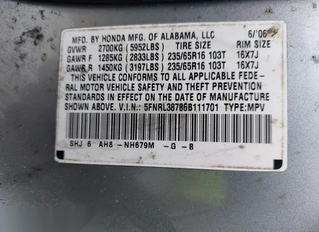 5FNRL38786B111701 2006 2006 Honda Odyssey- Ex-L 9