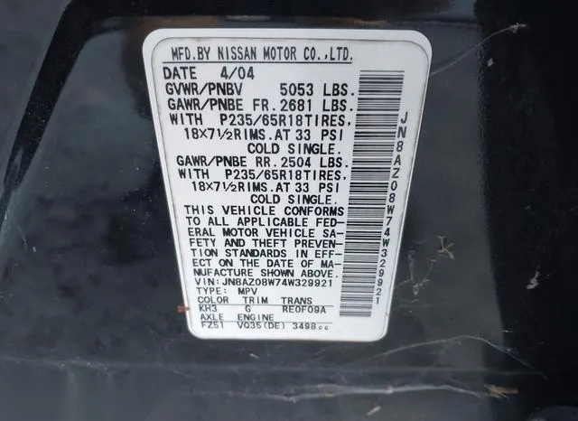 JN8AZ08W74W329921 2004 2004 Nissan Murano- SE 9