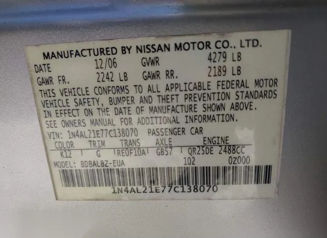 1N4AL21E77C138070 2007 2007 Nissan Altima- 2-5 S 9