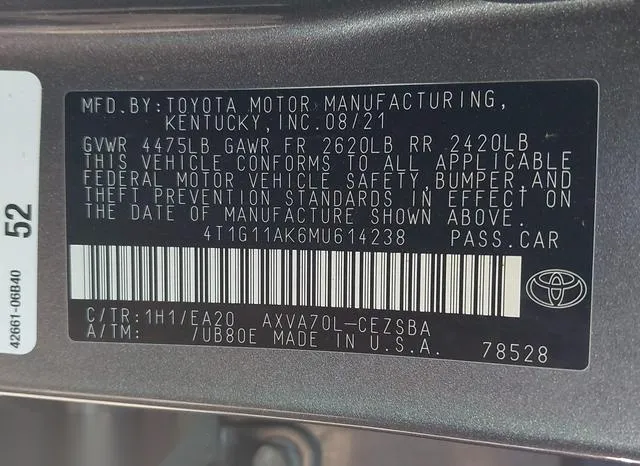 4T1G11AK6MU614238 2021 2021 Toyota Camry- SE 9