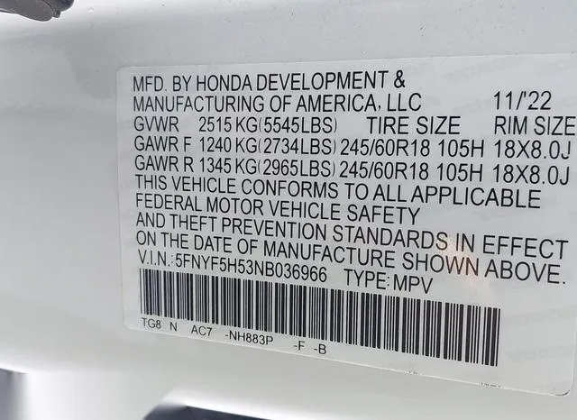 5FNYF5H53NB036966 2022 2022 Honda Pilot- 2Wd Ex-L 9