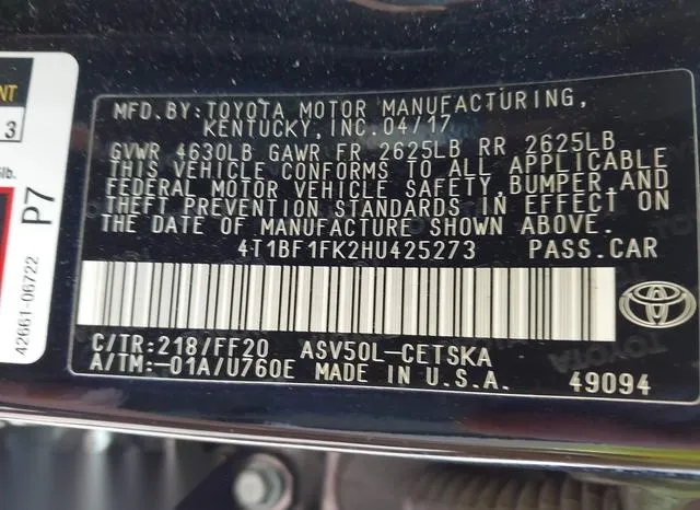 4T1BF1FK2HU425273 2017 2017 Toyota Camry- SE 9