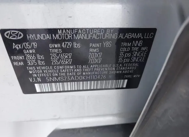 5NMS23AD0KH110426 2019 2019 Hyundai Santa Fe- SE 9