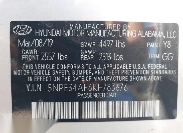 5NPE34AF6KH783676 2019 2019 Hyundai Sonata- Sel 9