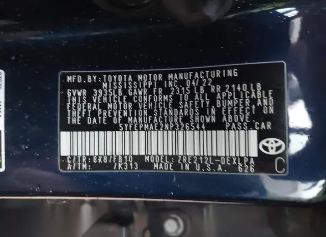 5YFEPMAE2NP326544 2022 2022 Toyota Corolla- LE 9