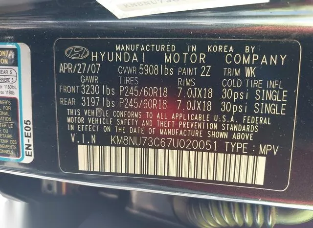 KM8NU73C67U020051 2007 2007 Hyundai Veracruz- Gls/Limited/Se 9