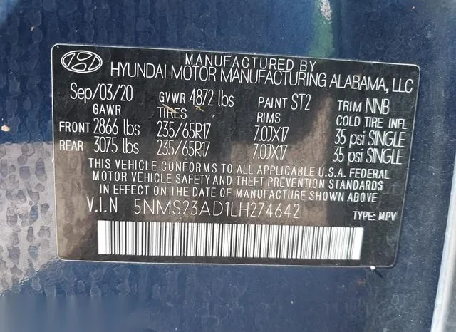 5NMS23AD1LH274642 2020 2020 Hyundai Santa Fe- SE 9