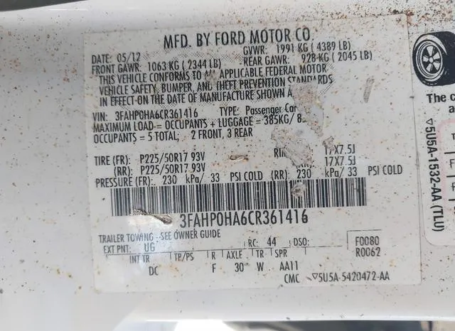 3FAHP0HA6CR361416 2012 2012 Ford Fusion- SE 9