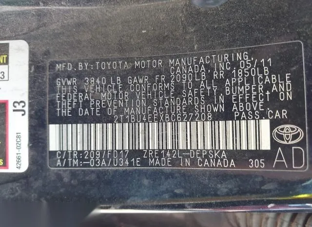 2T1BU4EEXBC627208 2011 2011 Toyota Corolla- S 9