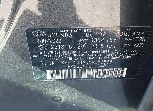 KMHL14JA5NA243566 2022 2022 Hyundai Sonata- Sel 9