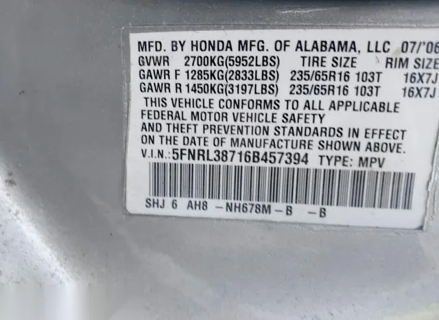 5FNRL38716B457394 2006 2006 Honda Odyssey- Ex-L 9