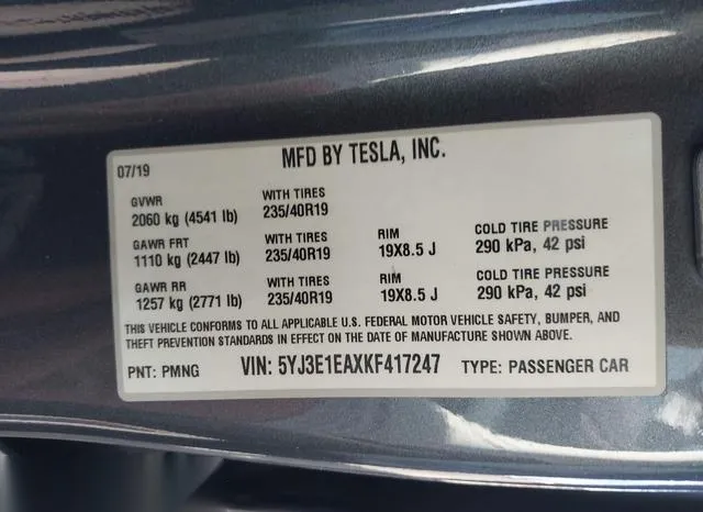 5YJ3E1EAXKF417247 2019 2019 Tesla Model 3- Long Range/Mid R 9