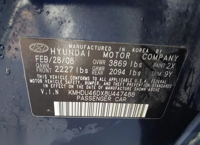 KMHDU46DX8U447488 2008 2008 Hyundai Elantra- Gls/Se 9