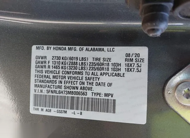 5FNRL6H73MB006563 2021 2021 Honda Odyssey- Ex-L 9