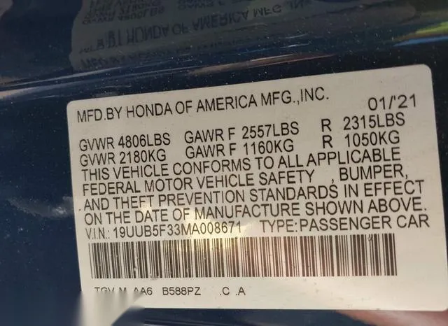 19UUB5F33MA008671 2021 2021 Acura TLX- Standard 9