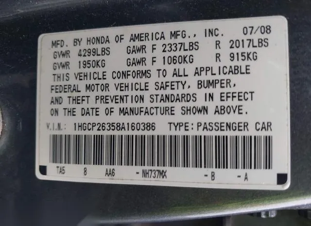 1HGCP26358A160386 2008 2008 Honda Accord- 2-4 LX 9