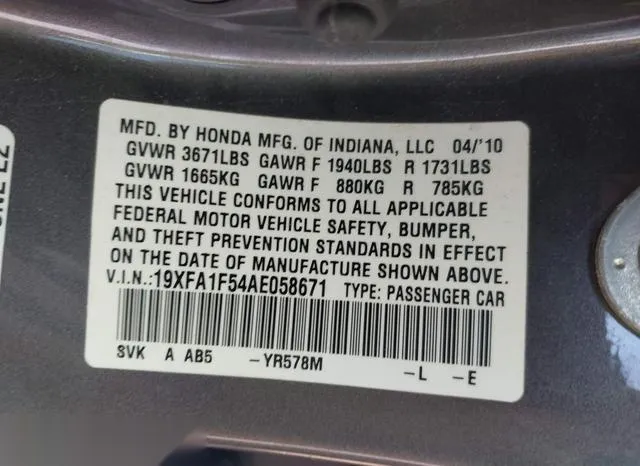 19XFA1F54AE058671 2010 2010 Honda Civic- LX 9