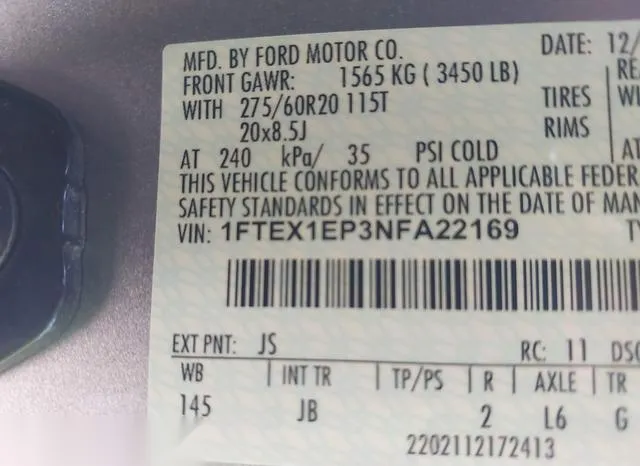 1FTEX1EP3NFA22169 2022 2022 Ford F-150- XL 9