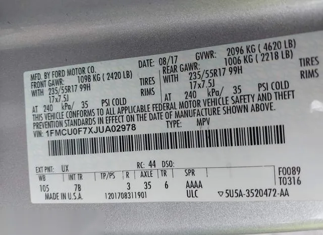 1FMCU0F7XJUA02978 2018 2018 Ford Escape- S 9