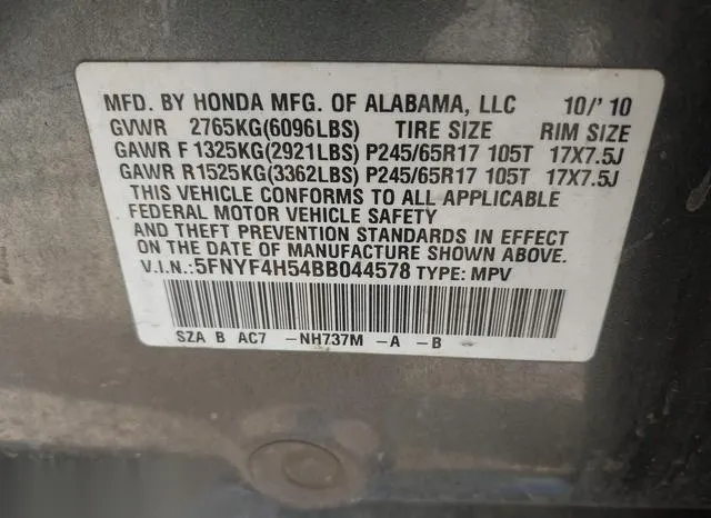 5FNYF4H54BB044578 2011 2011 Honda Pilot- Ex-L 9