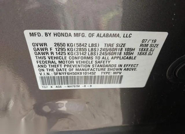 5FNYF6H50KB101452 2019 2019 Honda Pilot- Ex-L 9