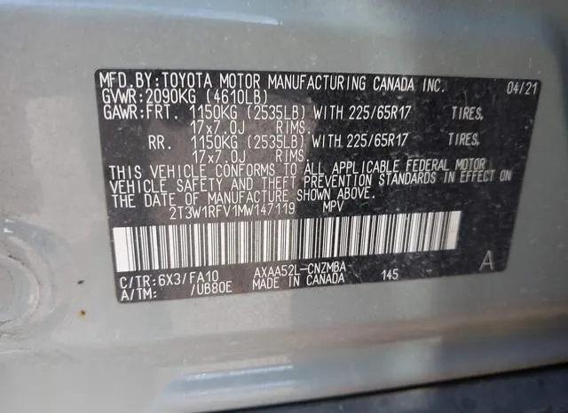 2T3W1RFV1MW147119 2021 2021 Toyota RAV4- Xle 9