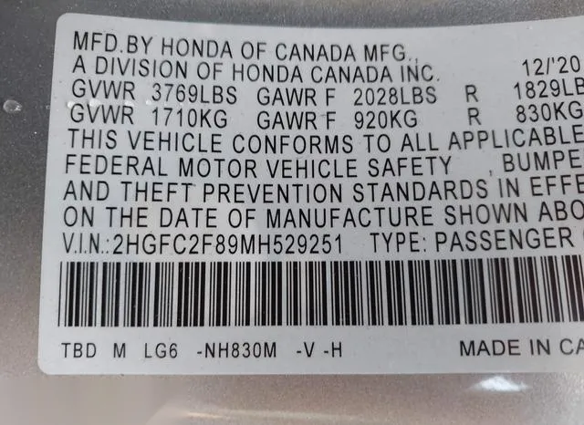 2HGFC2F89MH529251 2021 2021 Honda Civic- Sport 9