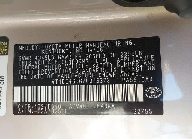 4T1BE46K67U016373 2007 2007 Toyota Camry- LE 9