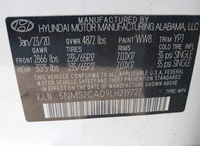 5NMS2CAD9LH219727 2020 2020 Hyundai Santa Fe- SE 9