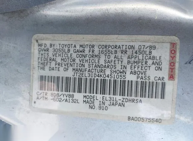 JT2EL31D4K0451055 1989 1989 Toyota Tercel 9