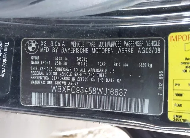 WBXPC93458WJ16637 2008 2008 BMW X3- 3-0SI 9