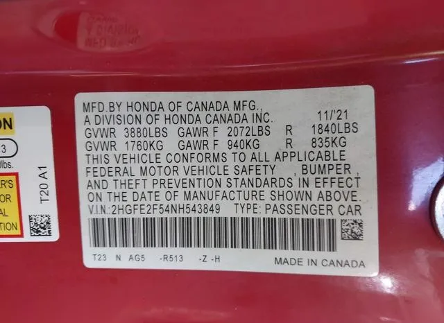 2HGFE2F54NH543849 2022 2022 Honda Civic- Sport 9