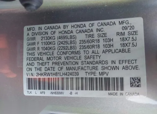 2HKRW1H81LH424039 2020 2020 Honda CR-V- 2Wd Ex-L 9