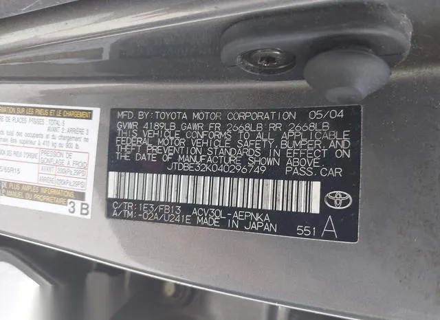 JTDBE32K040296749 2004 2004 Toyota Camry- Le/Se/Std/Xle 9