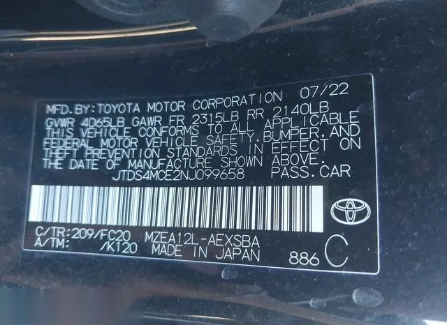 JTDS4MCE2NJ099658 2022 2022 Toyota Corolla- SE 9