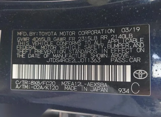 JTDS4RCE2LJ011363 2020 2020 Toyota Corolla- SE 9