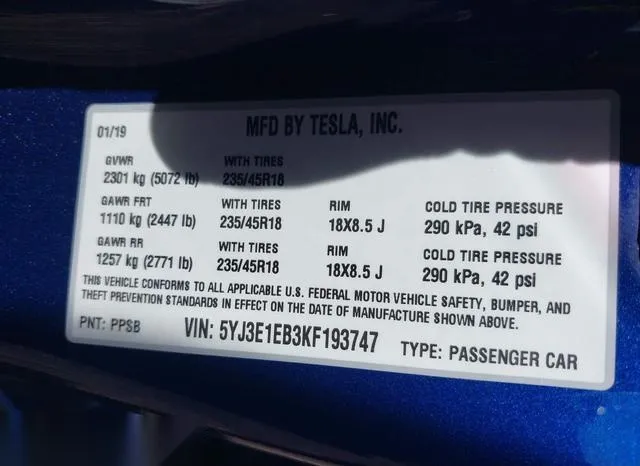 5YJ3E1EB3KF193747 2019 2019 Tesla Model 3- Long Range/Perfo 9