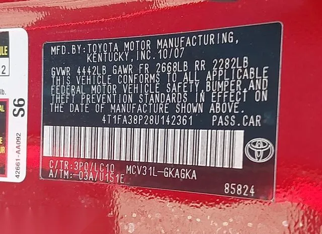 4T1FA38P28U142361 2008 2008 Toyota Camry- Solara Sle 9